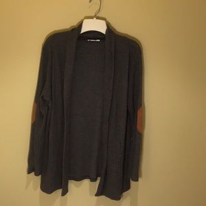 Gray textured cardigan with elbow patches